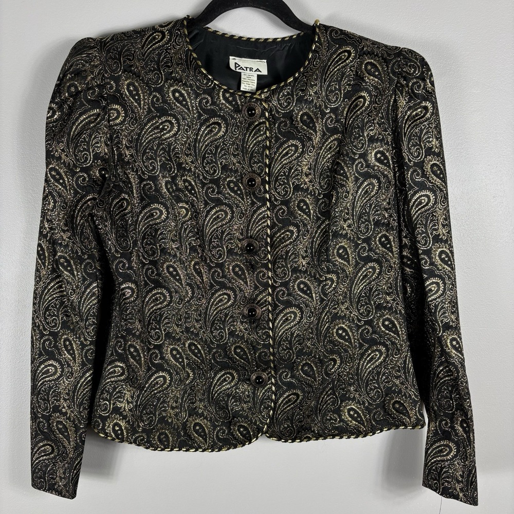 Patra Women's 12 Black/Gold Metallic Paisley Shoulder Pads Lined Brocade Jacket